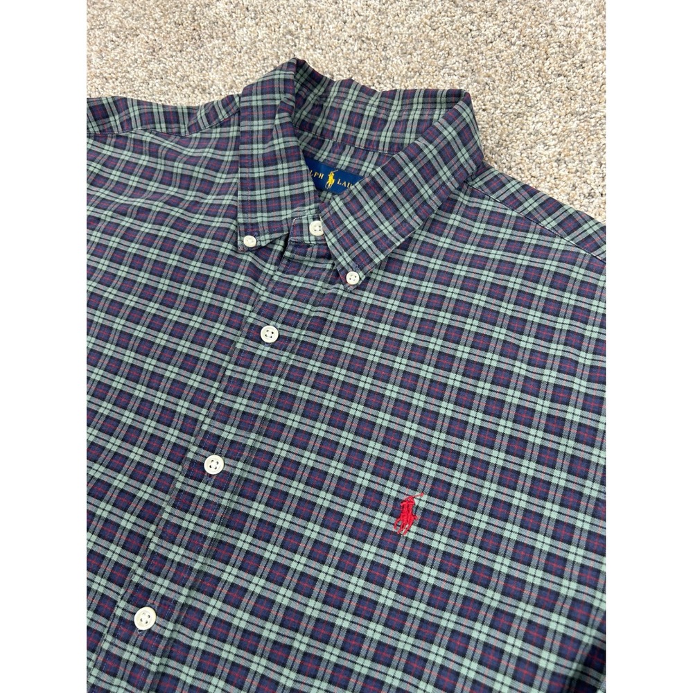 Polo Ralph Lauren Mens XL Plaid Button Down Green Navy Blue Long Sleeve #0854